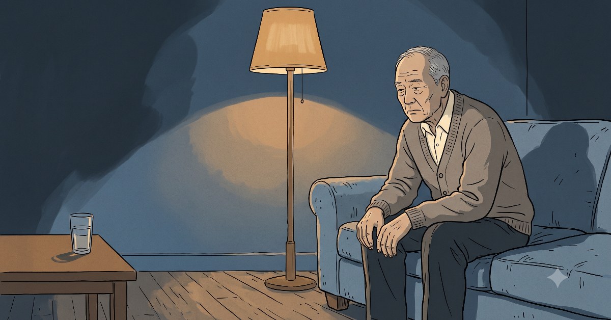 文章主視覺。水彩風格插畫，一位年長男性獨自坐在深夜客廳的沙發上，手肘撐在膝上、微微低頭沉思，身旁的立燈灑下一圈暖黃色光暈，矮桌上放著一杯水。