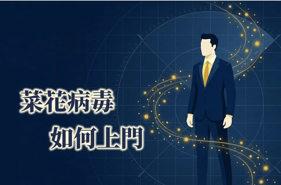 傳染主題圖。西裝男子身旁環繞金色的病毒粒子與軌跡線,標題為「菜花病毒 如何上門」。