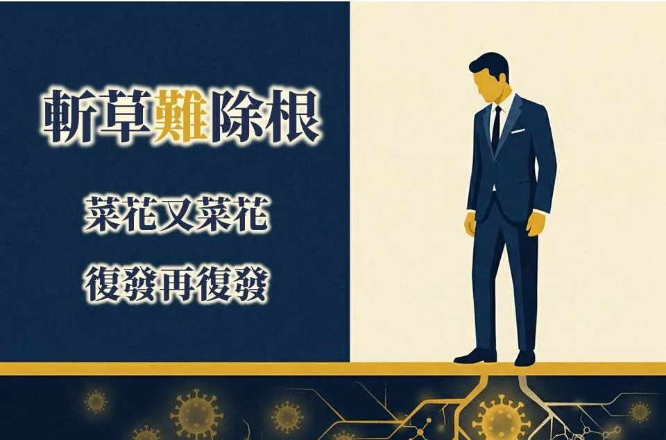 復發主題圖。西裝男子低頭站立,地面下方是金色的病毒與線路網絡,標題為「斬草難除根 — 菜花又菜花,復發再復發」。